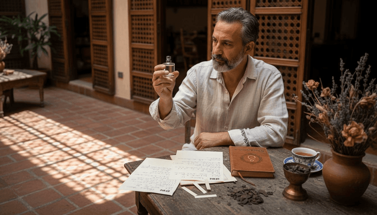 Perfumist in courtyard with oud and notes