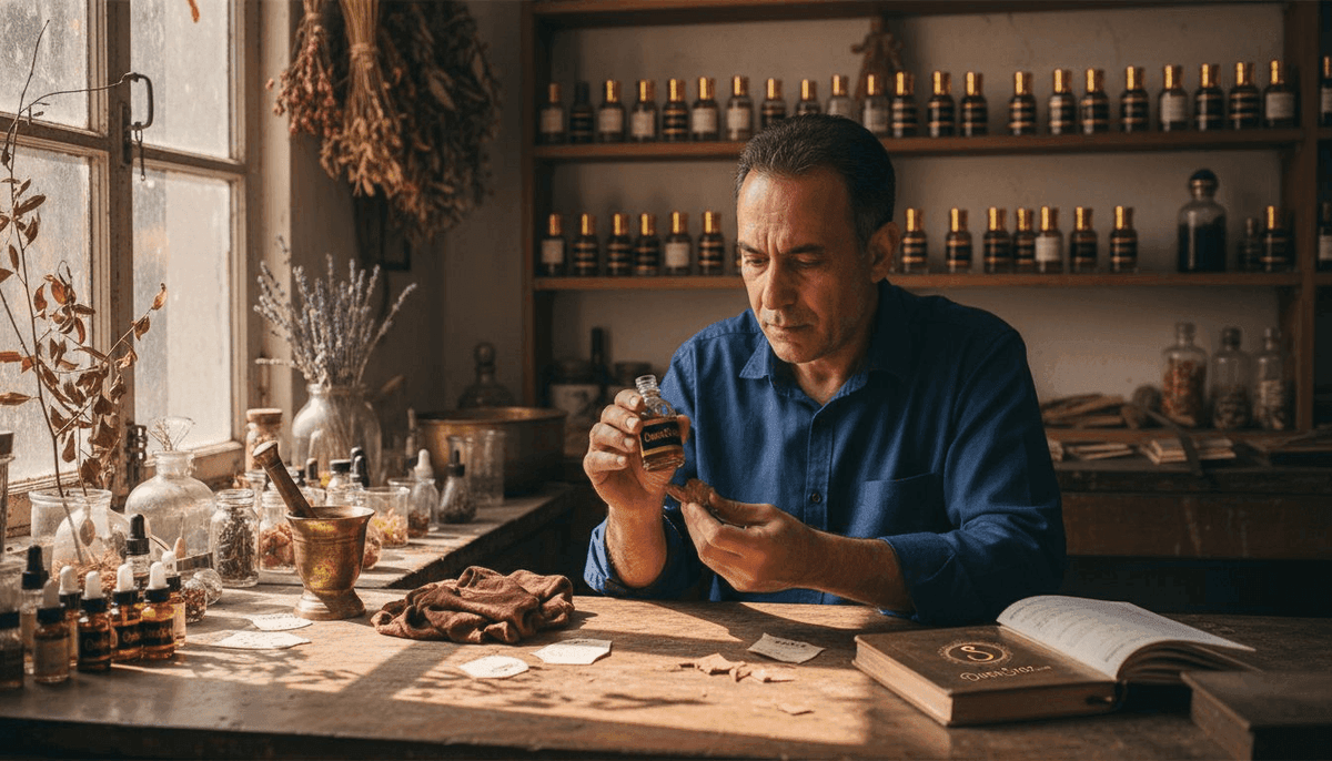 Perfumer comparing attar and oud bottles