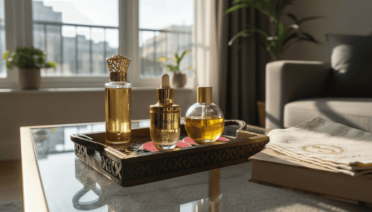 Oud attar bottles on wooden tray in sunlight