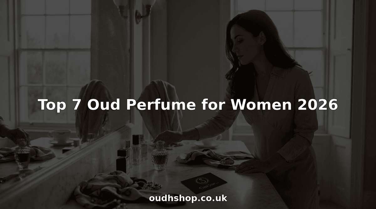 Woman selects luxury oud perfume on marble vanity