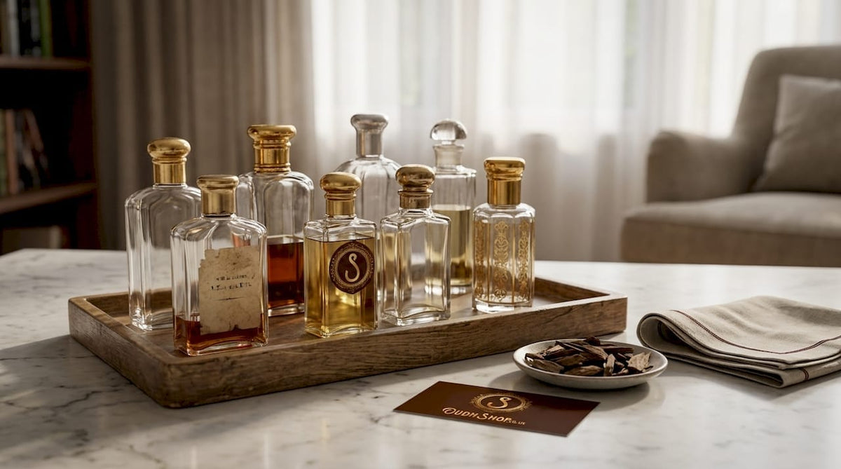 Assorted oud perfume bottles on wooden tray