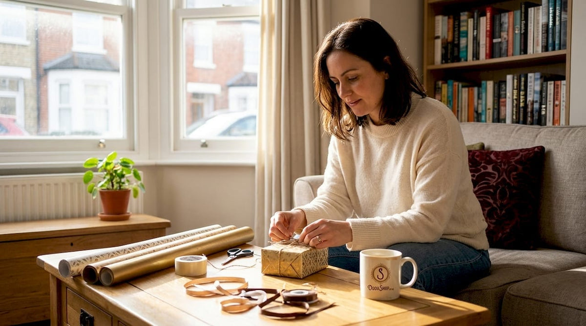 Woman wrapping a perfume gift at home