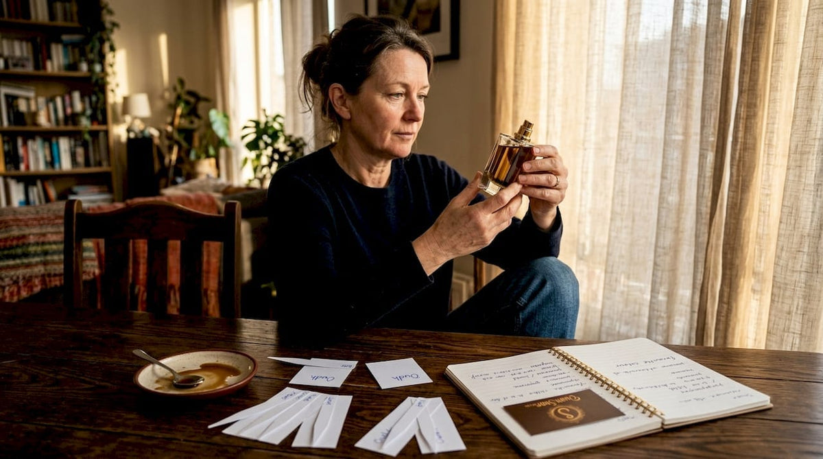 Woman examines oud perfume at dining table