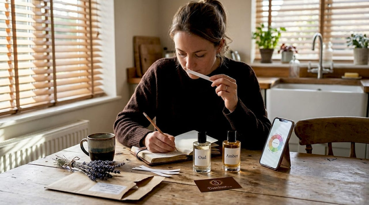 Woman comparing oud and amber fragrances at table