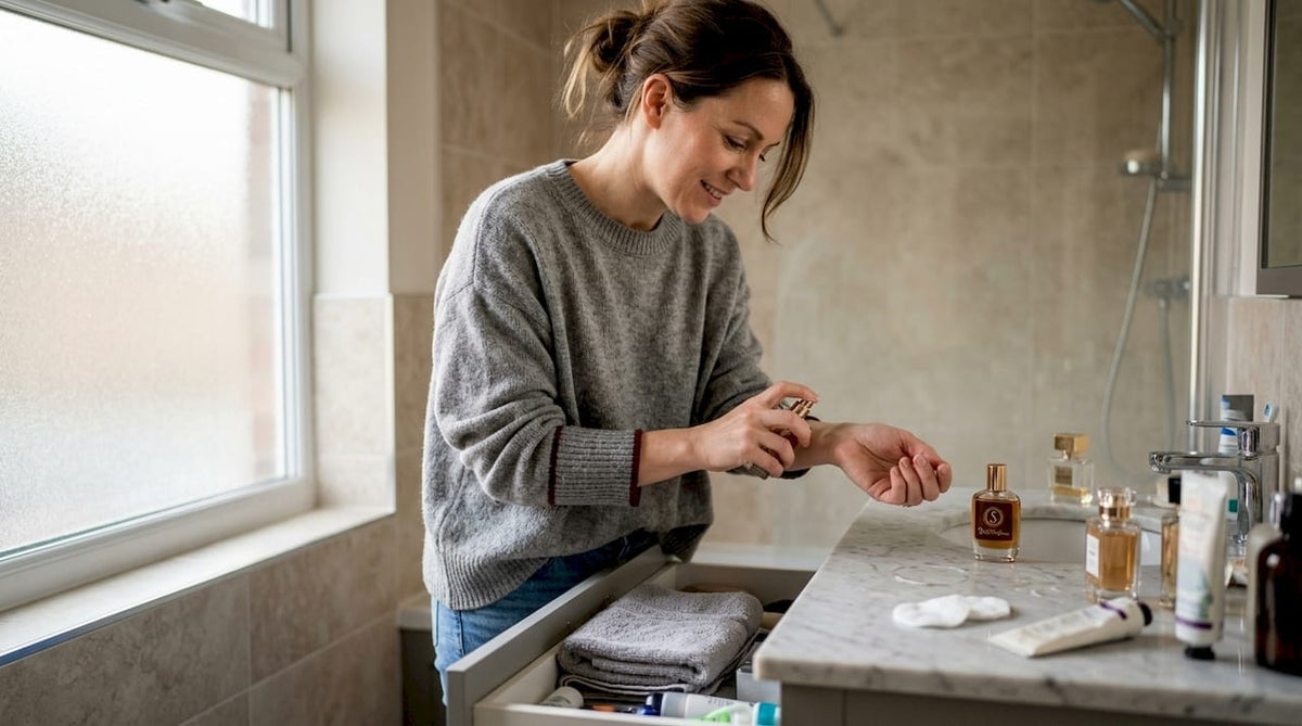 Woman layering fragrances at bathroom vanity