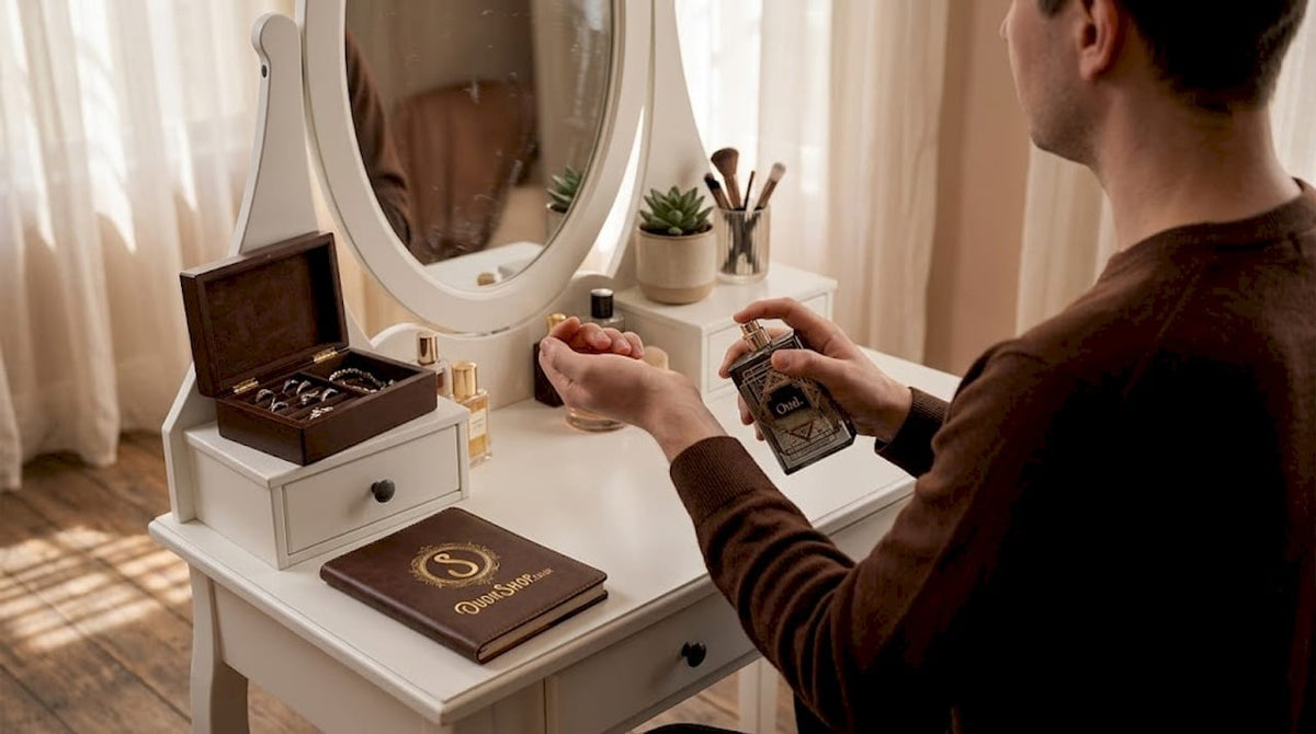 Person applying oud at home vanity