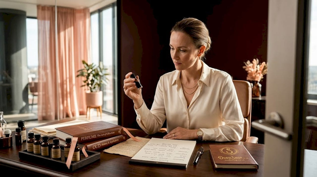 Fragrance specialist examining oud oil vial