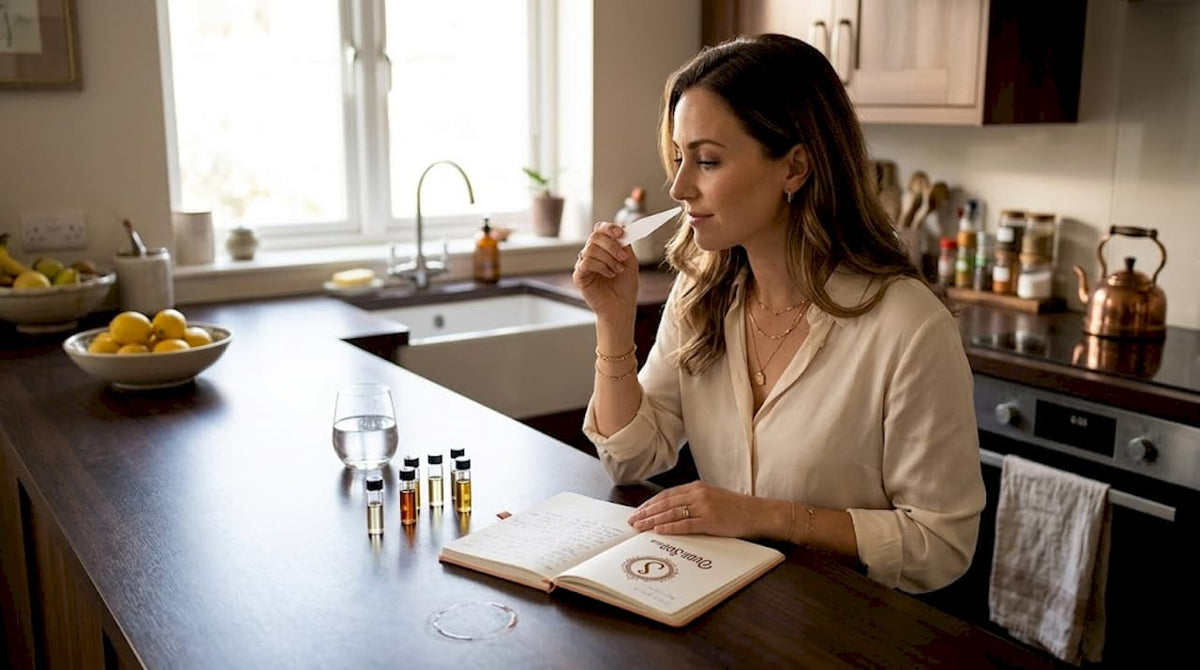 Woman testing perfume notes in sunlit kitchen