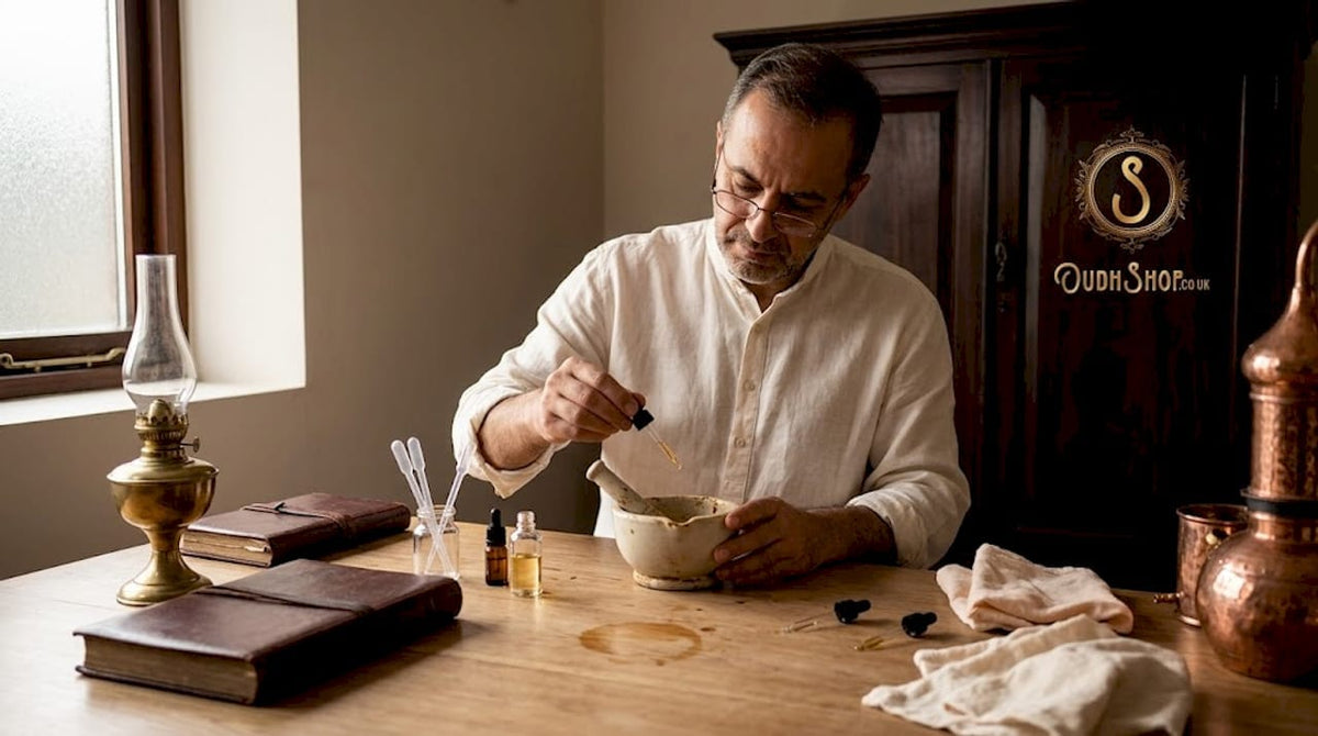 Perfumer blending oils in workshop