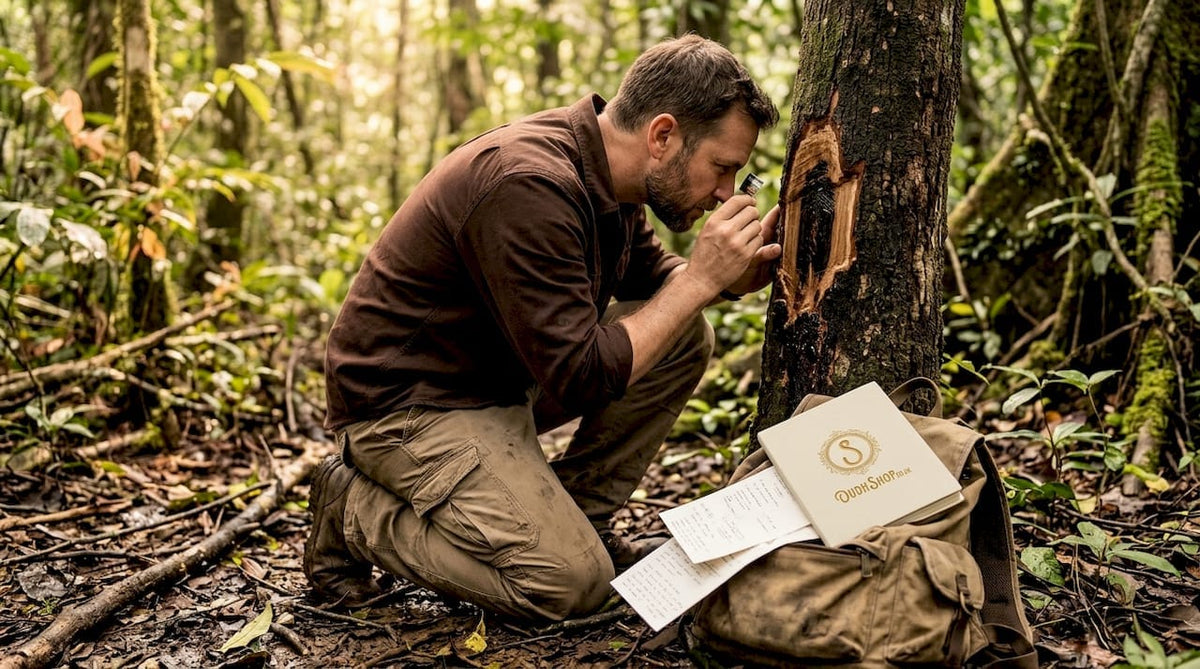 Botanist inspects oud resin in forest