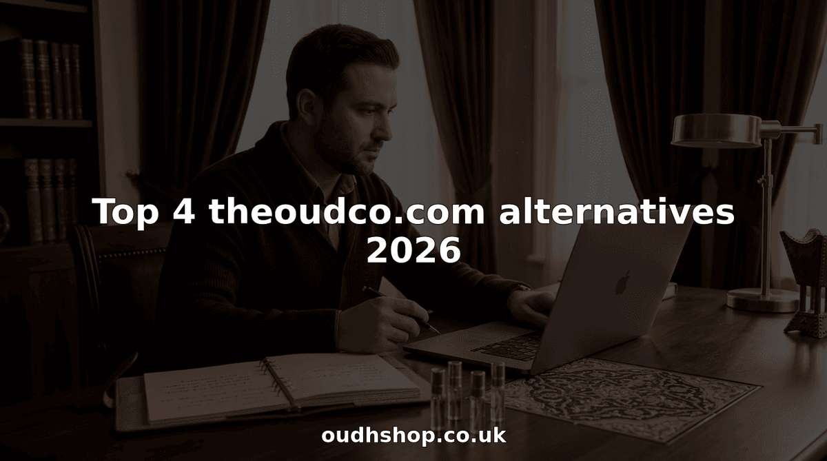 Man comparing oud perfume websites at dining table