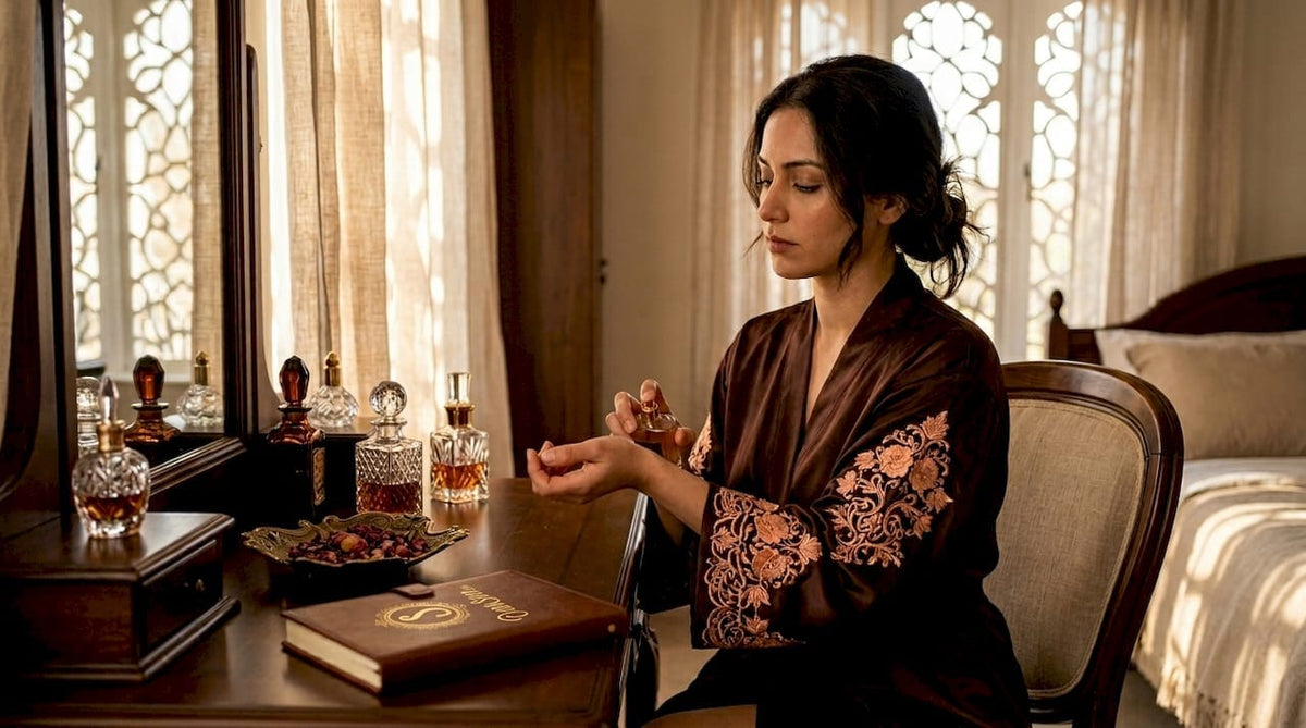 Woman applying perfume at marble vanity