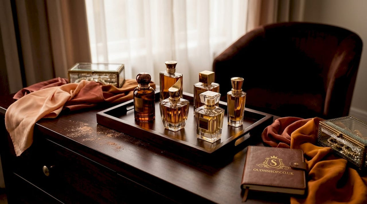 Perfume bottles on sunlit vanity with personal items