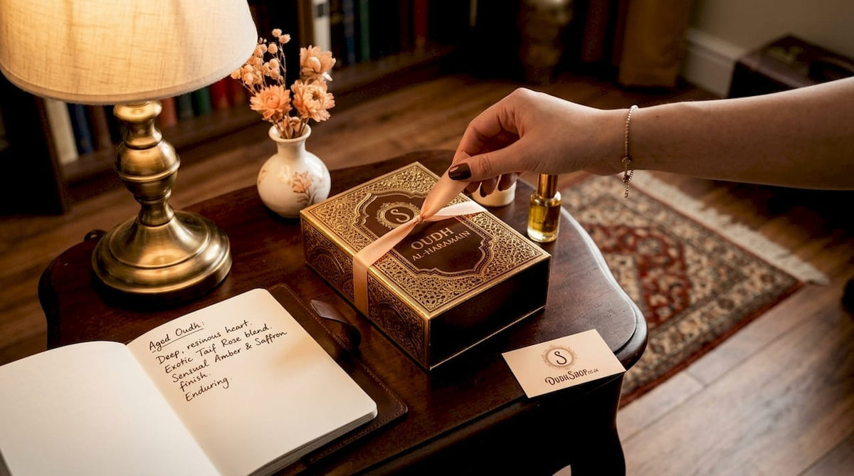 Hand unboxing luxury oudh perfume box