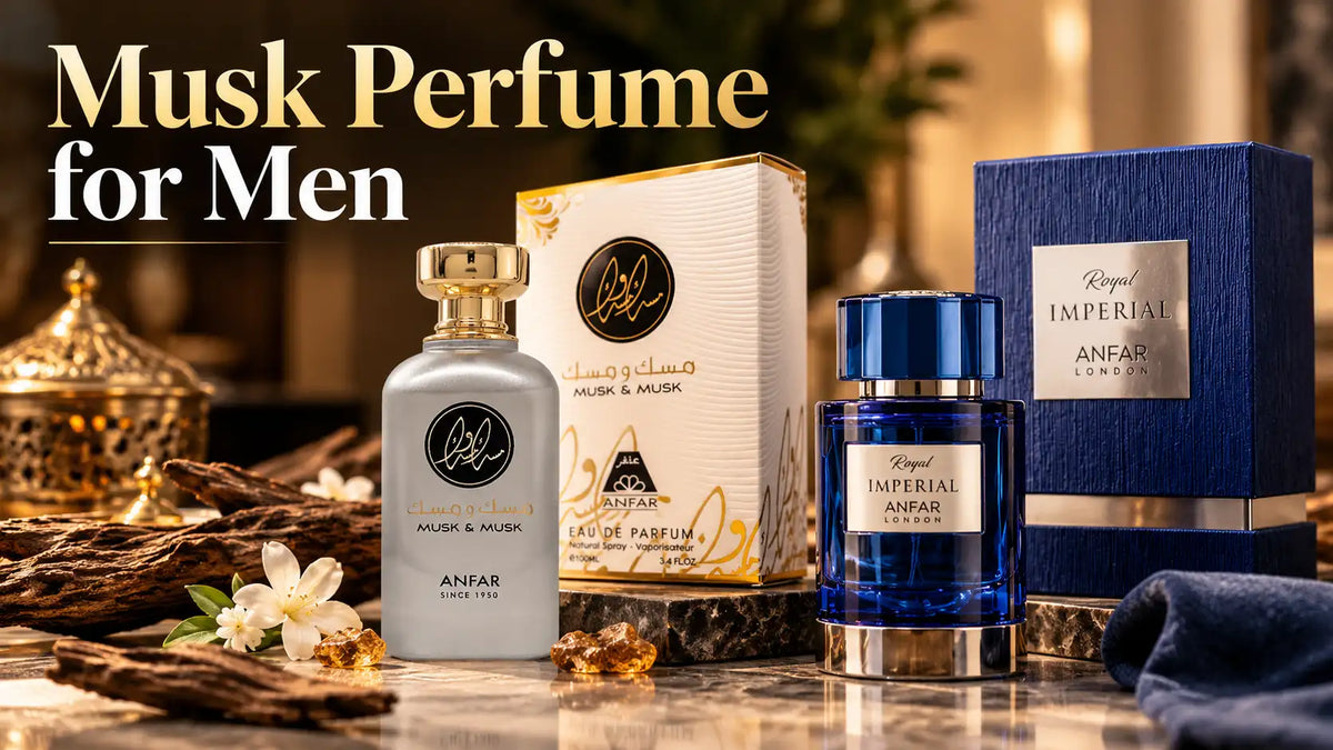 Luxury musk perfume for men featuring Anfar Musk & Musk silver perfume and Royal Imperial blue perfume bottles with matching gift boxes, styled with warm golden lighting and elegant fragrance ingredients.