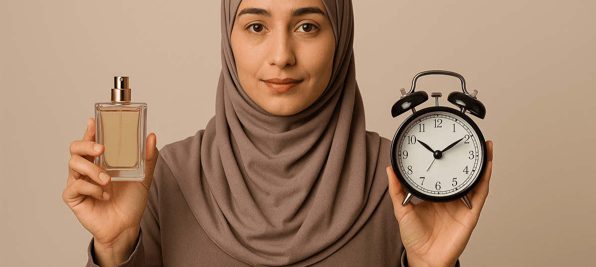 Woman in a hijab holding a glass perfume bottle and a black vintage alarm clock against a beige background.