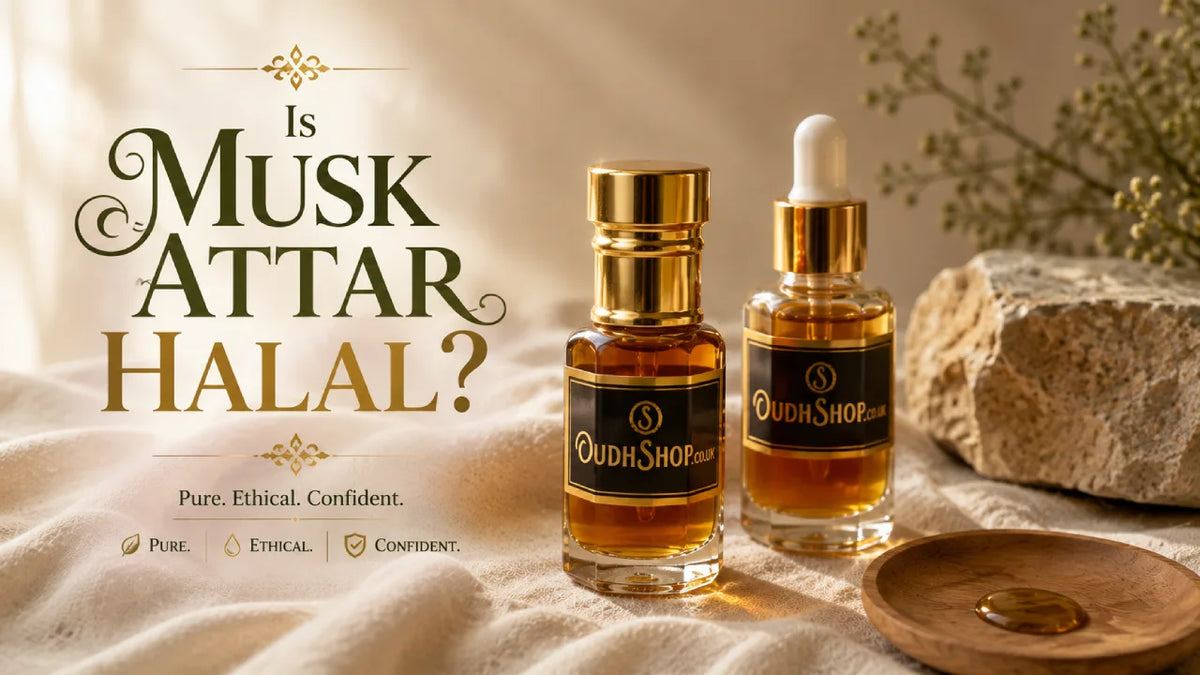 Musk attar and oud attar oil bottles side by side, alcohol-free perfume oil