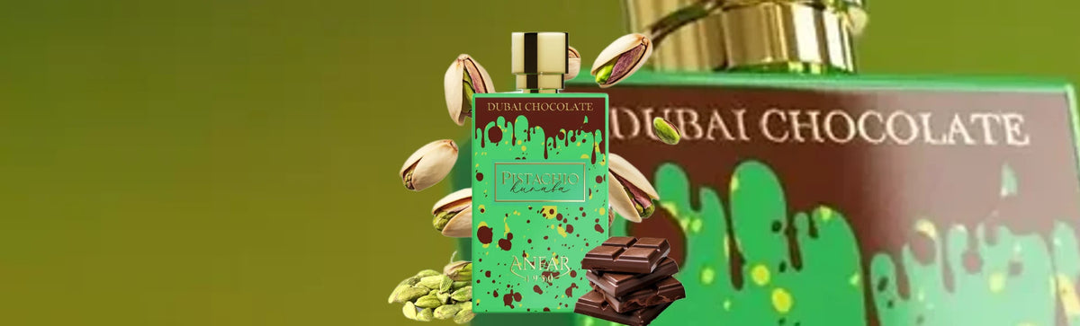 Anfar's Dubai Chocolate Pistachio Kunafa perfume bottle with floating chocolate pieces and pistachios.