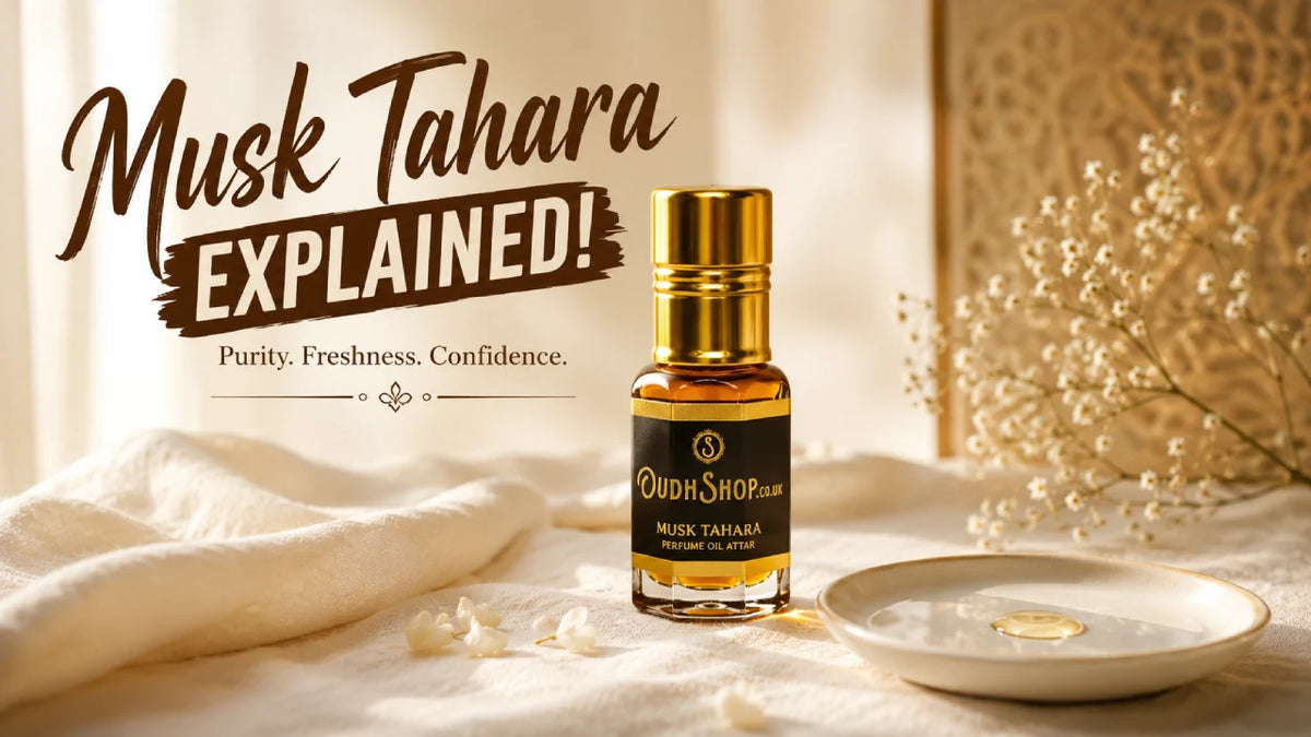 Musk Tahara alcohol-free perfume oil dropper bottle on linen with soft natural light
