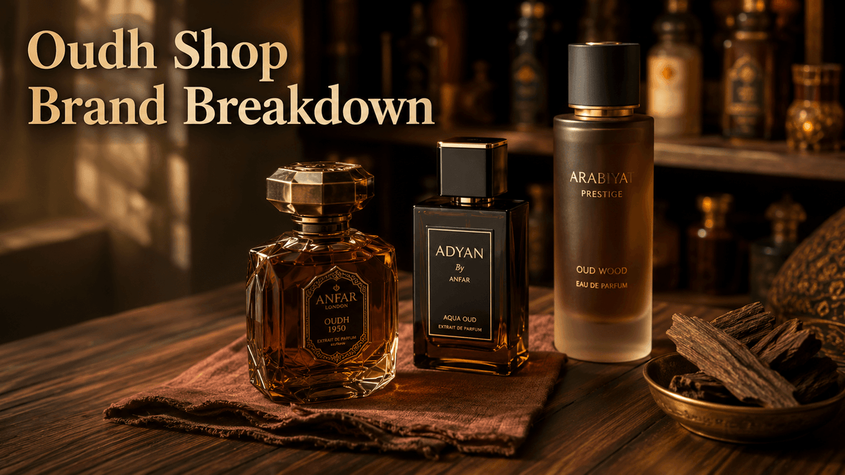 Three perfume bottles representing the Oudh Shop brand breakdown of Arabian fragrance houses.