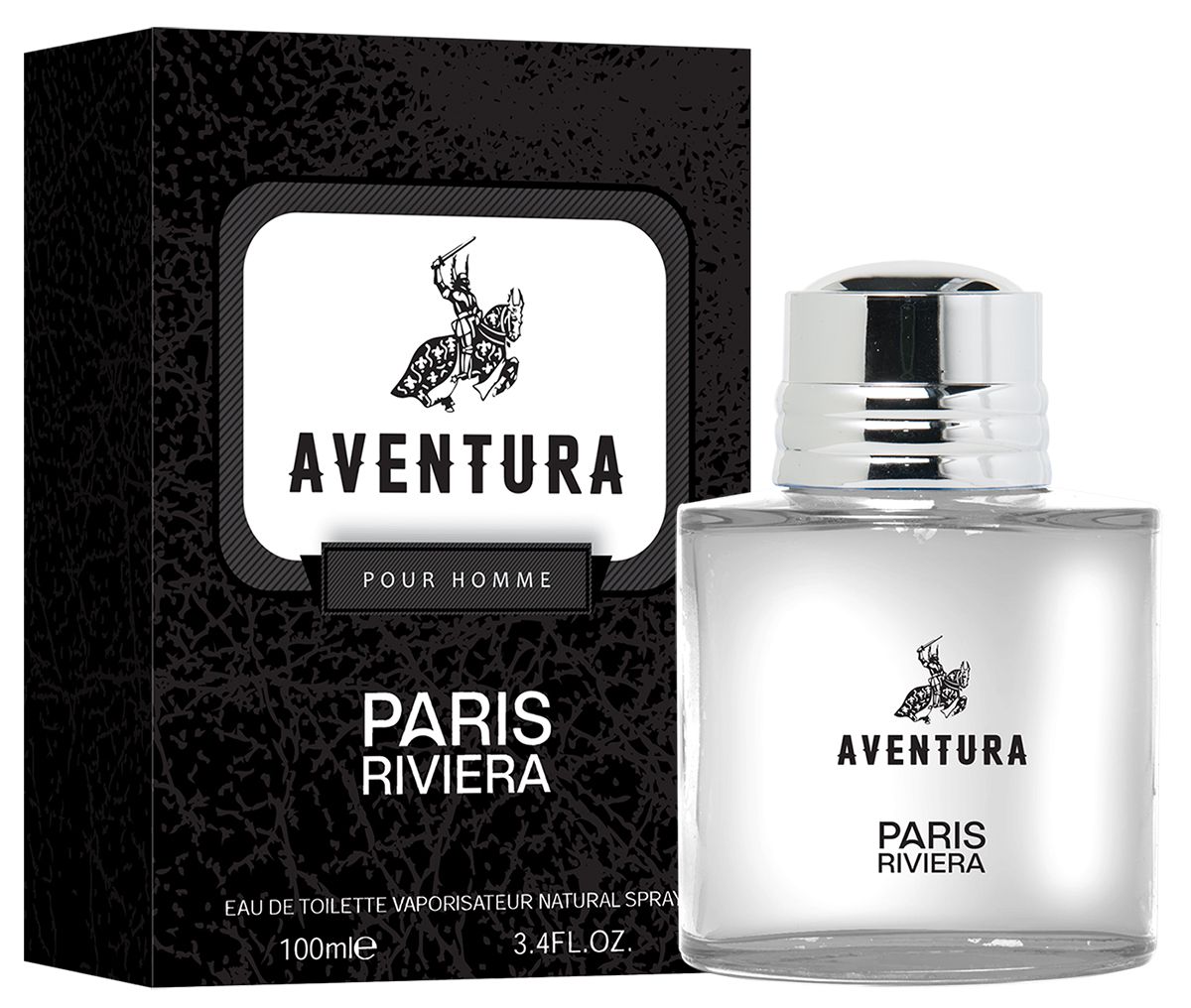 Paris Riviera Aventura Pour Homme 100ml eau de toilette bottle and box with a knight on horseback logo.
