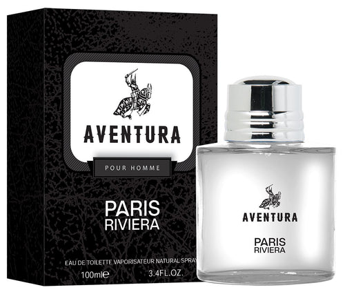 Paris Riviera Aventura Pour Homme 100ml eau de toilette bottle and box with a knight on horseback logo.