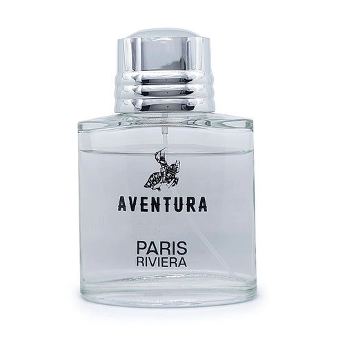 Aventura Paris Riviera cologne in a clear bottle with a ridged silver cap and a black knight logo.