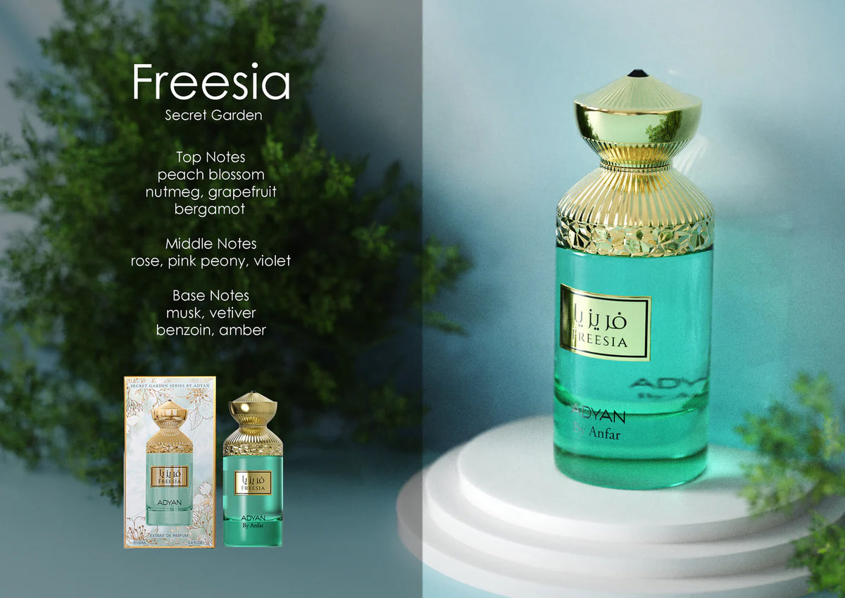 Soft Powdery Floral Perfume Freesia by Adyan Extrait de Parfum bottle with notes details