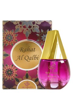 Ajyad Rahat Al Qalbi perfume bottle with pink liquid and a gold cap, next to its ornate purple box.