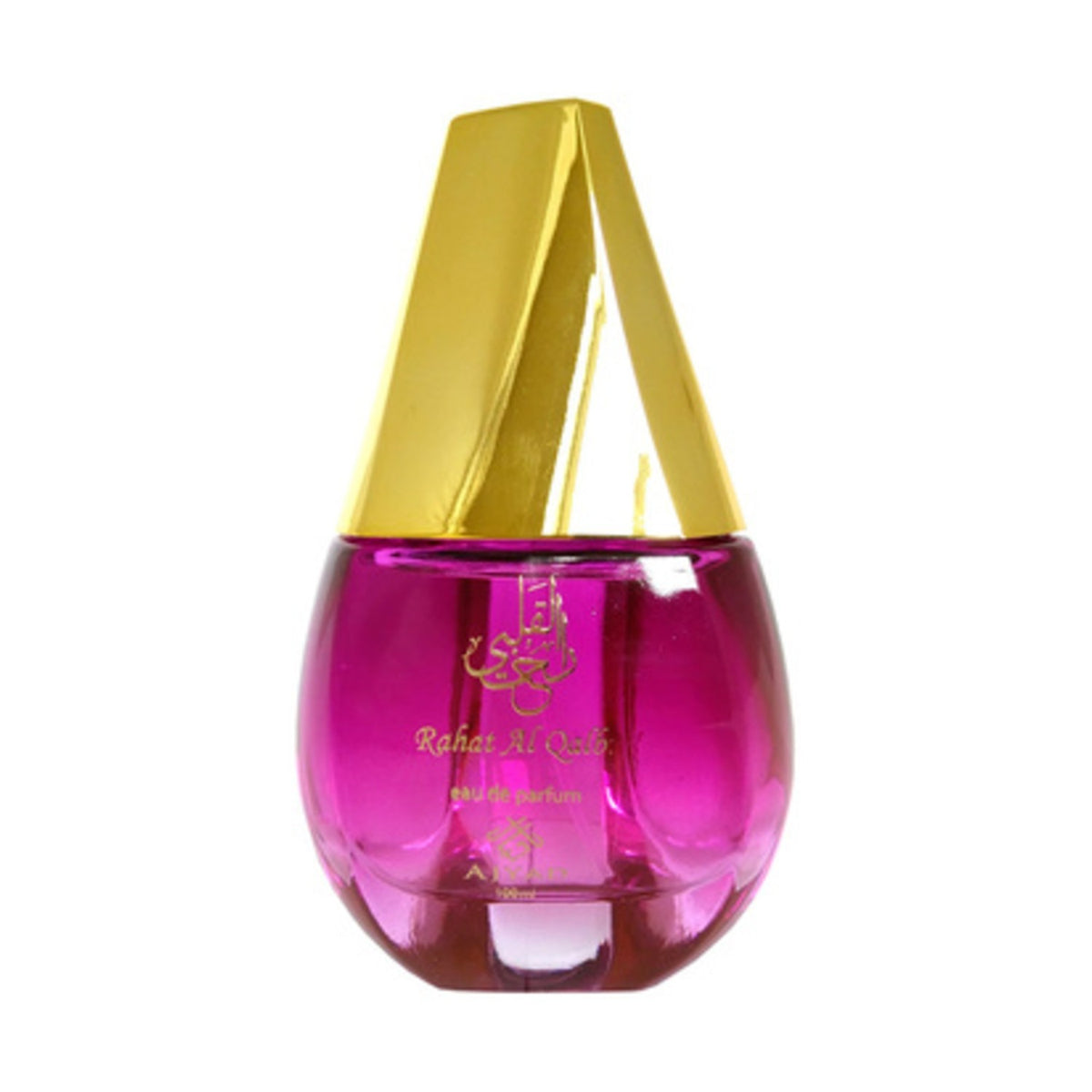 Magenta perfume bottle with a tall gold geometric cap and gold Rahat Al Qulub lettering.