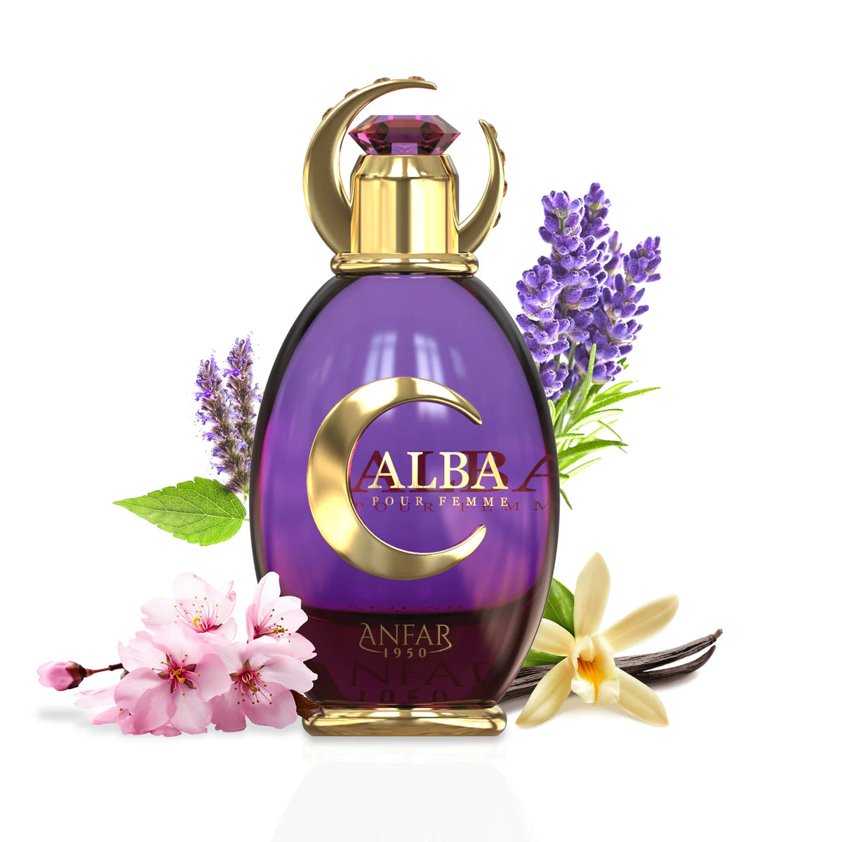 The elegant purple and gold perfume bottle for Abla Extrait de Parfum by Anfar 1950.