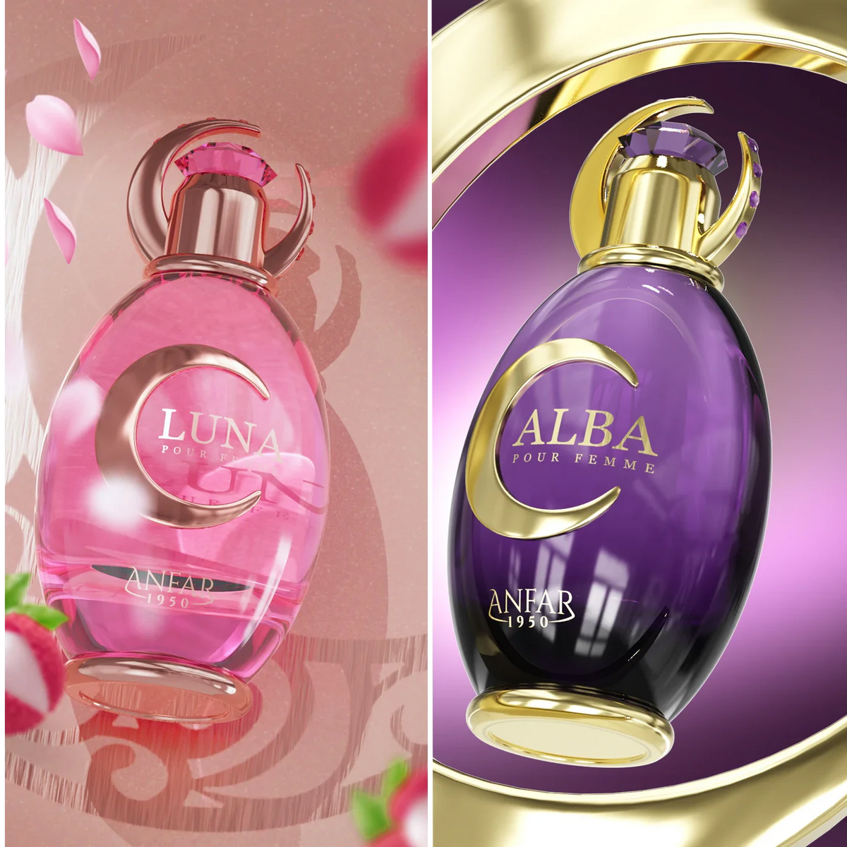 The elegant purple and gold perfume bottle for Abla Extrait de Parfum by Anfar 1950.
