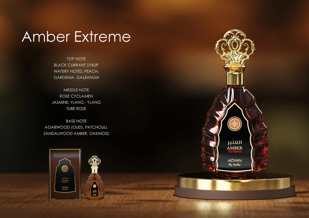 Amber Extreme by Adyan, a luxurious and affordable oud perfume. With notes of rose and amber, this long-lasting fragrance is a top choice for men and women.