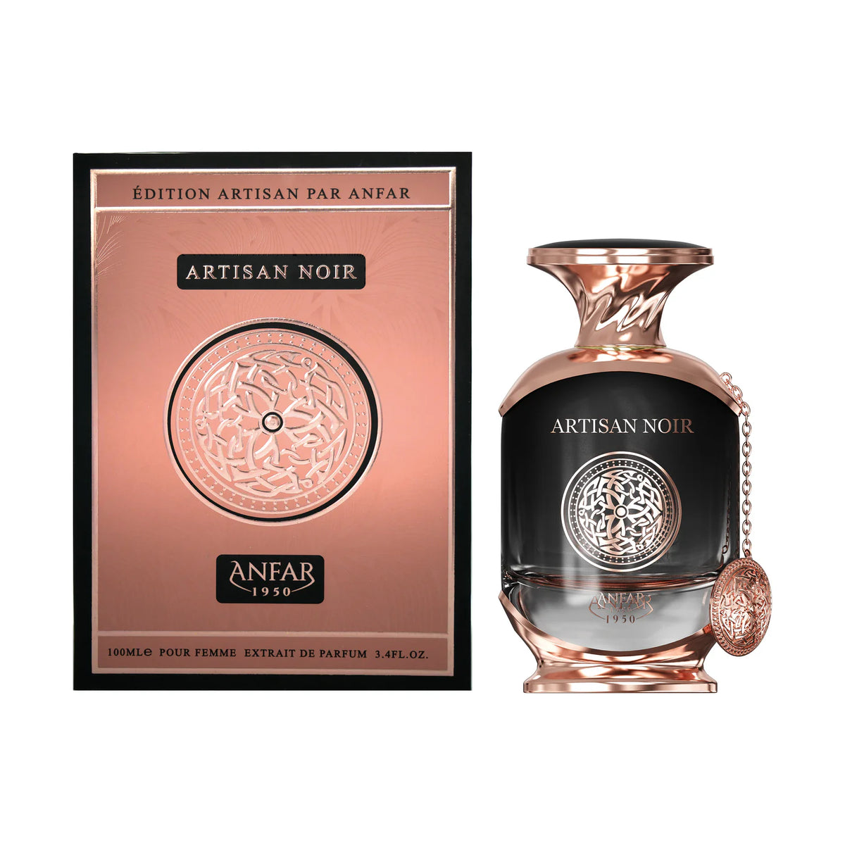 Anfar Artisan Noir perfume bottle and box, featuring rose gold and black accents with intricate Celtic patterns.