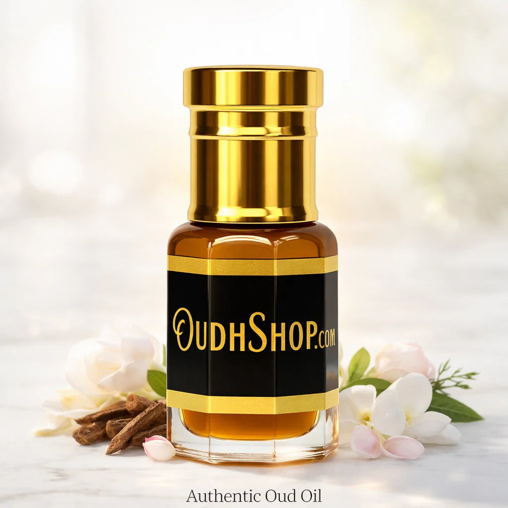 oud attar perfume oil bottle with oud chips and flowers