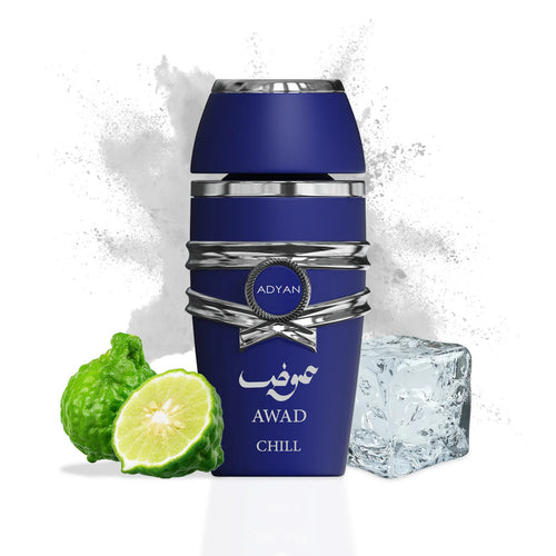 Adyan Awad Chill 100ml extrait de parfum perfume bottle. The bottle is clear with a silver cap and a branded label.