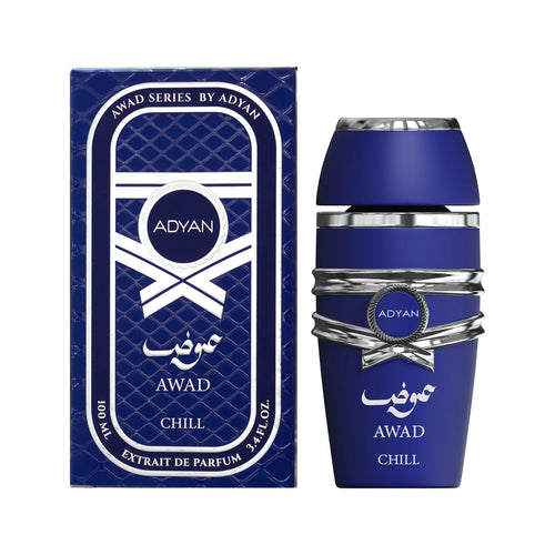 Adyan Awad Chill 100ml extrait de parfum perfume bottle. The bottle is clear with a silver cap and a branded label.