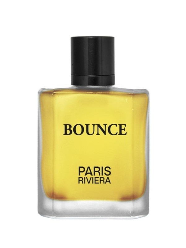 Bounce Paris Riviera perfume bottle with golden liquid and a black cap.