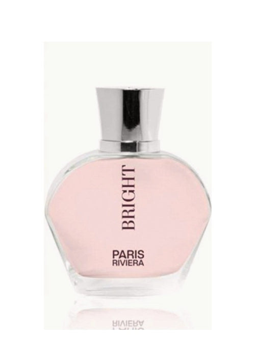 Bright Paris Riviera perfume bottle with light pink liquid and a silver cap.