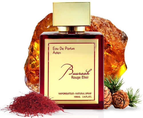 Buuraak Rouge Elixir 100ML Eau de Parfum by Asten – luxury unisex fragrance with saffron, rose, and oud notes, available at Oudh Shop UK