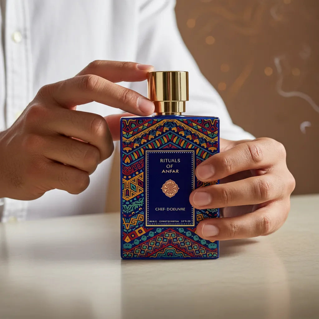 An exquisite bottle of Rituals of Anfar Chef-D'Oeuvre 80ml Extrait de Parfum on a dark, luxurious background, showcasing the brand's elegant packaging.