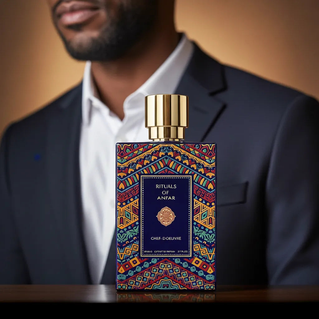 An exquisite bottle of Rituals of Anfar Chef-D'Oeuvre 80ml Extrait de Parfum on a dark, luxurious background, showcasing the brand's elegant packaging.