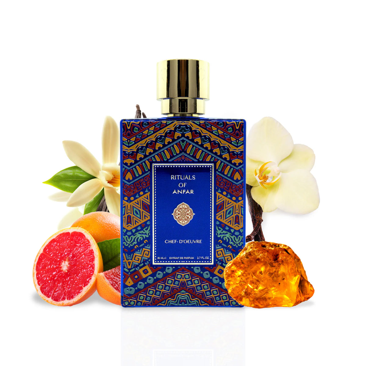 An exquisite bottle of Rituals of Anfar Chef-D'Oeuvre 80ml Extrait de Parfum on a dark, luxurious background, showcasing the brand's elegant packaging.