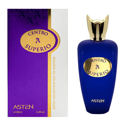 Centro Superio by Asten perfume: A purple box and a matte blue bottle with a gold crown-shaped cap.