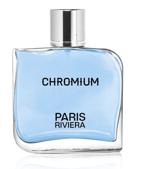 Chromium Paris Riviera cologne bottle with light blue liquid and a silver cap.