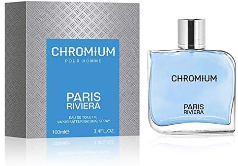 Chromium Paris Riviera Pour Homme Eau de Toilette 100ml bottle and silver-textured box with blue accents.