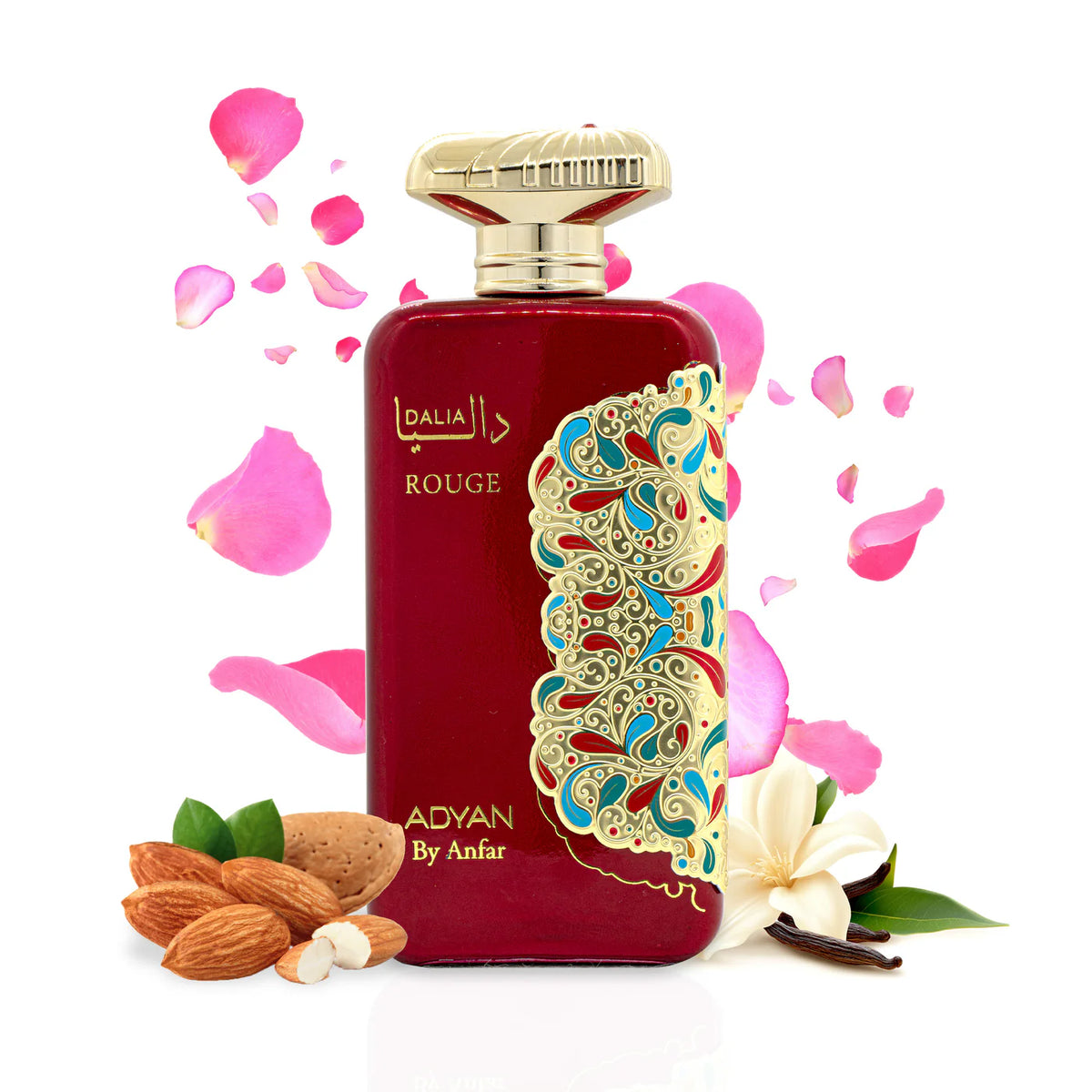Elegant red bottle of Dalia Rouge by Adyan – unisex oud fragrance