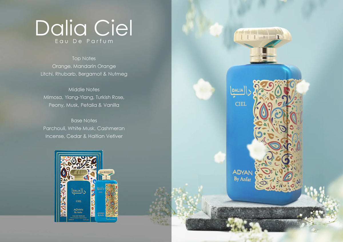 Bottle of Dalia Ciel by Adyan 100ml Eau de Parfum from the Dalia Series with a sleek, elegant design.