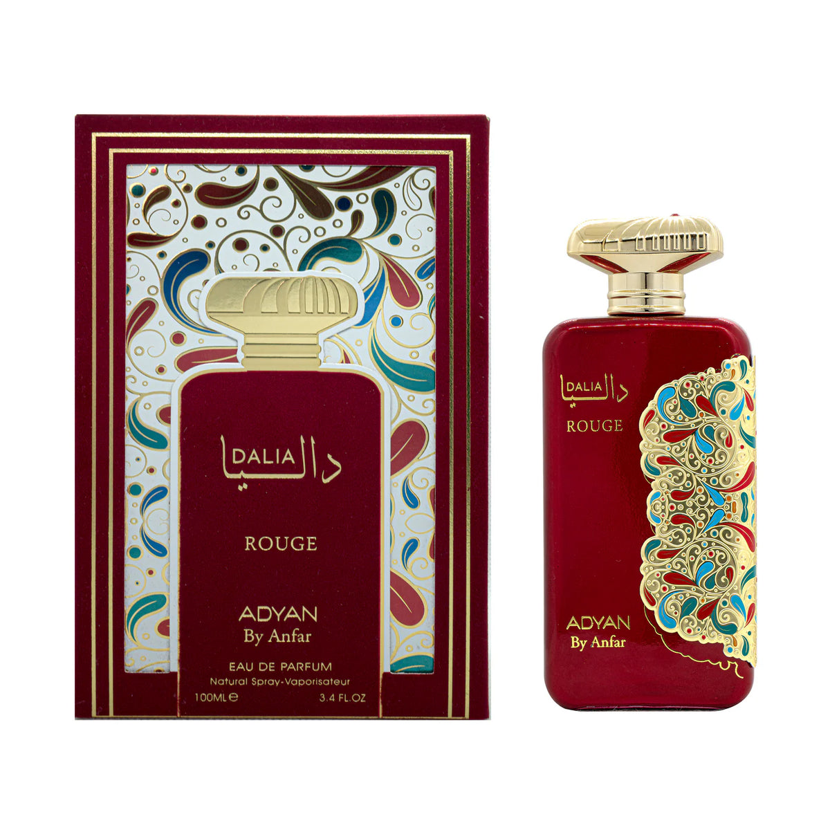 Elegant red bottle of Dalia Rouge by Adyan – unisex oud fragrance