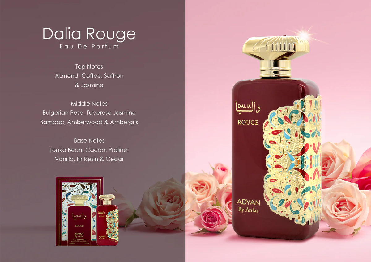 Elegant red bottle of Dalia Rouge by Adyan – unisex oud fragrance
